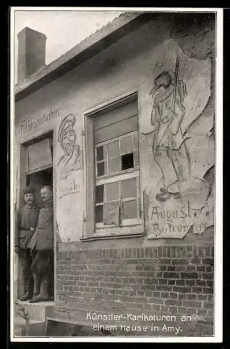AK Amy, Künstler-Karikaturen an einem Haus, Soldaten am Eingang