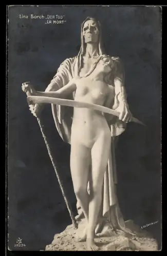 AK Elna Borch: Erlöst La Mort, Damen Statue mit Sensenmann