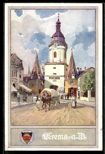 Künstler-AK Krems a. D., Ortspartie mit Pferdekutsche und Anwohnern