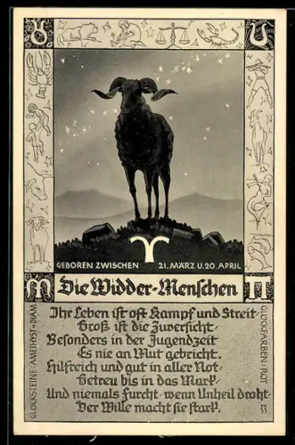 AK Sternzeichen Widder, Widder unter dem Sternenhimmel, Horoskop
