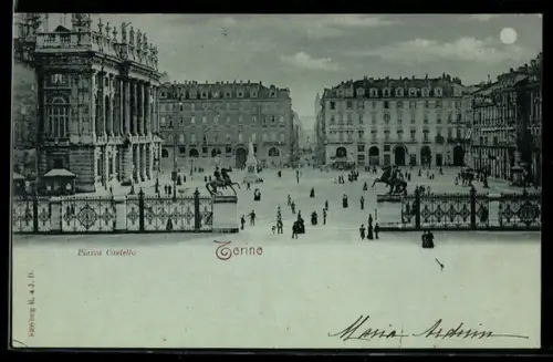 Mondschein-AK Torino, Piazza Castello con statue e persone passeggiando