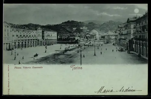 Mondschein-AK Torino, Piazza Vittorio Emanuele mit Blick auf die Gran Madre di Dio