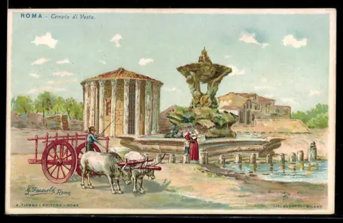 AK Roma, Tempio di Vesta e scena rurale con carro e buoi