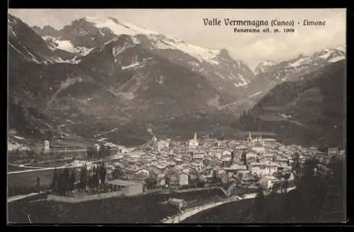 AK Limone /Valle Vermenagna, Panorama con montagne innevate sullo sfondo