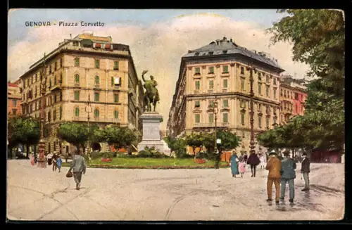 Künstler-AK Genova, Piazza Corvetto con statua e palazzi storici
