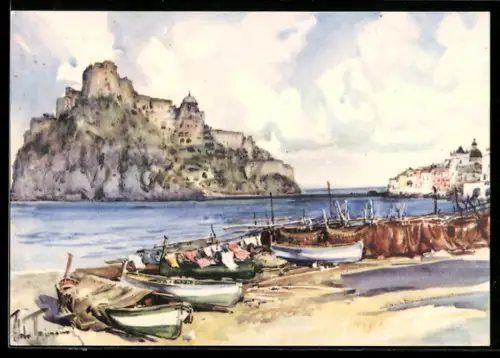 Künstler-AK Ischia, Il Castello con barche sulla spiaggia