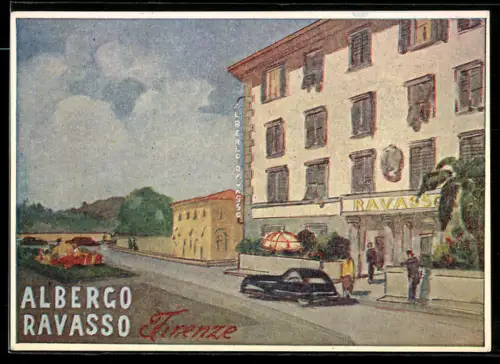 Künstler-AK Firenze, Albergo Ravasso con auto d`epoca e paesaggio circostante