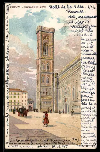 Lithographie Firenze, Campanile di Giotto con persone in piazza