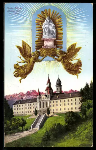 AK Santa Maria Pietra Alba, Veduta del monastero con statua e angeli in cielo