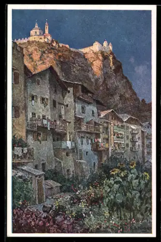 Künstler-AK Chiusa, Vista notturna delle case e del castello su una collina rocciosa