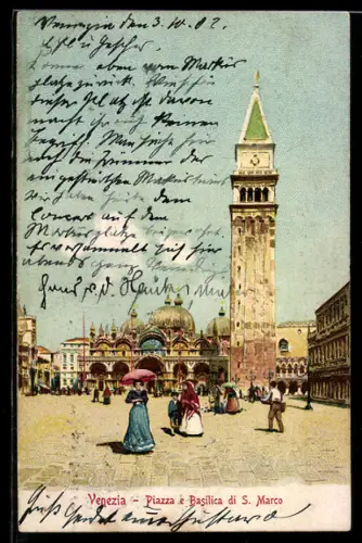 AK Venezia, Piazza e Basilica di S. Marco con gente e parasole