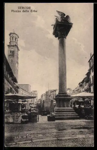 AK Verona, Piazza delle Erbe con colonna e mercatino storico
