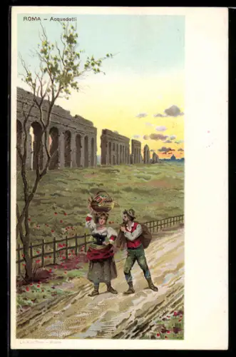 Lithographie Roma, Acquedotti con coppia in abiti tradizionali sul sentiero