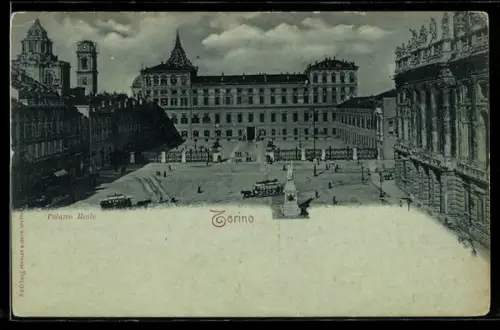 AK Torino, Palazzo Reale con tram e piazza affollata
