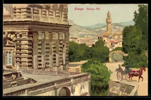 Künstler-AK Firenze, Palazzo Pitti e vista sulla città con carrozza a cavallo