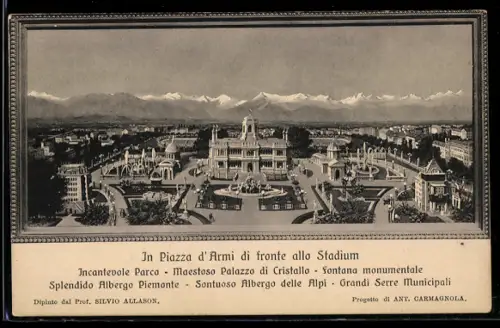 AK Torino, In Piazza d`Armi di fronte allo Stadium, maestoso Palazzo di Cristallo e fontana monumentale