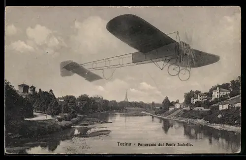 AK Torino, Panorama dal Ponte Isabella con aereo in volo