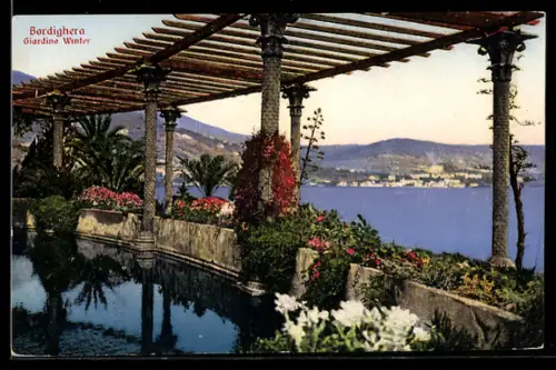 AK Bordighera, Giardino Winter con vista sul mare e montagne