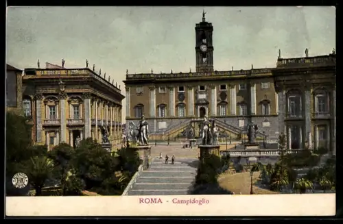 AK Roma, Campidoglio, veduta del Campidoglio con statue e scalinata