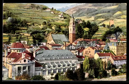 AK Merano, Casino Nuovo e paesaggio circostante con colline e architettura storica