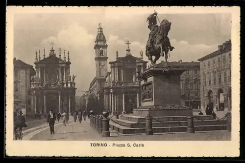 AK Torino, Piazza S. Carlo con statua e chiese sullo sfondo