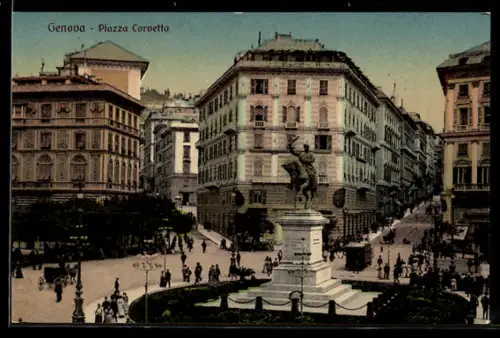 AK Genova, Piazza Corvetto con monumento e edifici storici