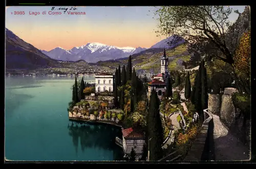 AK Varenna /Lago di Como, Vista panoramica con ville e chiesa sul lago