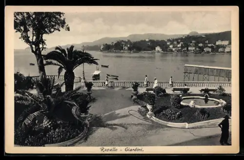 AK Rapallo, Giardini con vista sul mare e montagne lontane