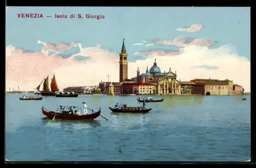 AK Venezia /Isola di S. Giorgio, Vista panoramica con gondole e barche a vela