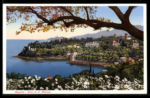 AK Rapallo, Baia di S. Michele con vista panoramica e fiori in primo piano