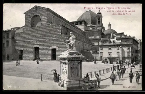 AK Firenze, Chiesa e Piazza di S. Lorenzo con la statua di Giovanni delle Bande Nere
