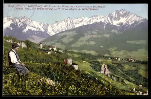 AK Dorf Tirol, Blick von der Vellau aus nach Schloss Durnstein und Umgebung