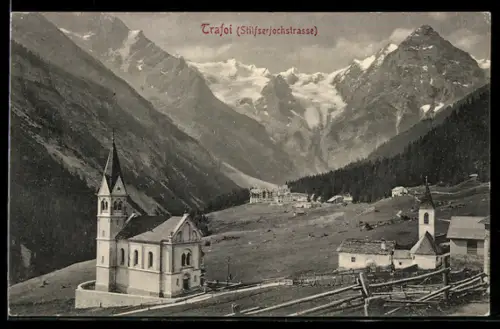 AK Trafoi, Stilfserjochstrasse, Vista delle montagne e del villaggio con chiesa e strada dello Stelvio