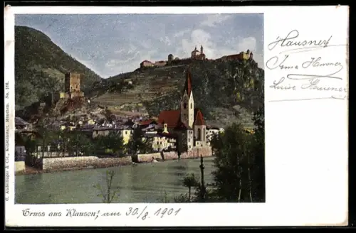 AK Klausen, Veduta panoramica della città con chiesa e fiume