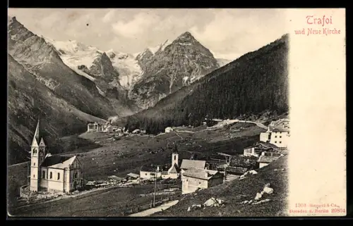 AK Trafoi, Veduta panoramica con la nuova chiesa e montagne sullo sfondo