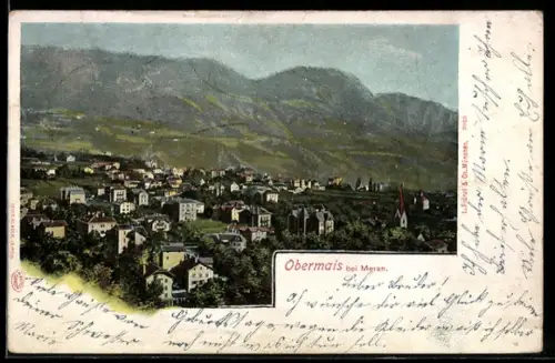 AK Obermais /Merano, Vista panoramica della città con montagne sullo sfondo