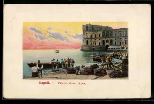 AK Napoli, Palazzo donn` Anna, tramonto sul mare con pescatori e barche