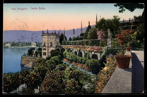 AK Isola Bella /Lago Maggiore, Giardini e palazzo lungo il lago al tramonto