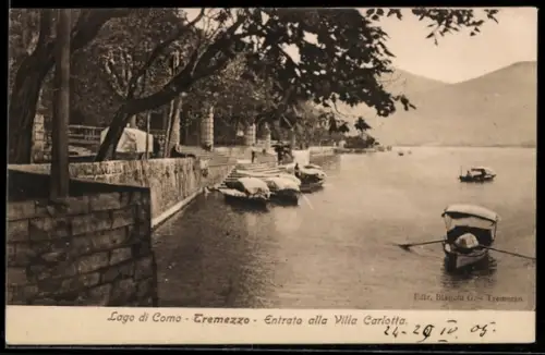AK Tremezzo /Lago di Como, Entrata alla Villa Carlotta con barche ormeggiate