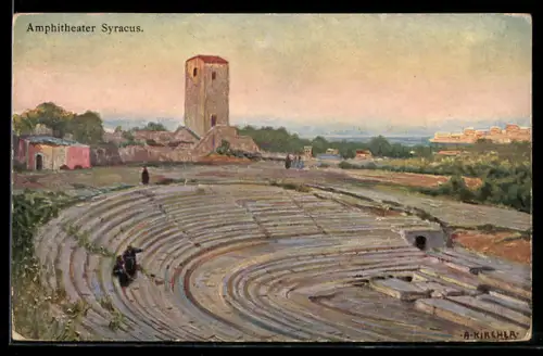 AK Syracus, Vista dell`anfiteatro antico con torre sullo sfondo