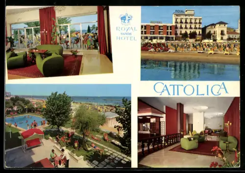 AK Cattolica, Royal Sands Hotel con interni eleganti e spiaggia affollata, prop. Fam. Vanni