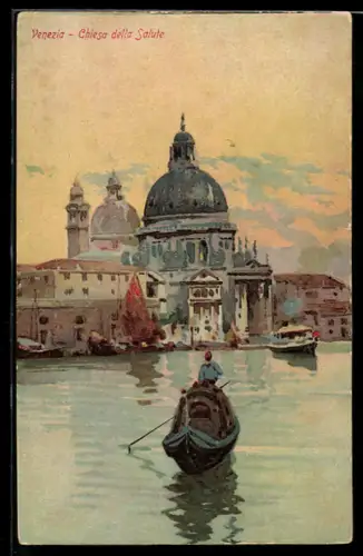Künstler-AK Venezia, Chiesa della Salute con gondola al tramonto