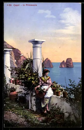 AK Capri, In primavera con vista sui Faraglioni e una donna tra le piante