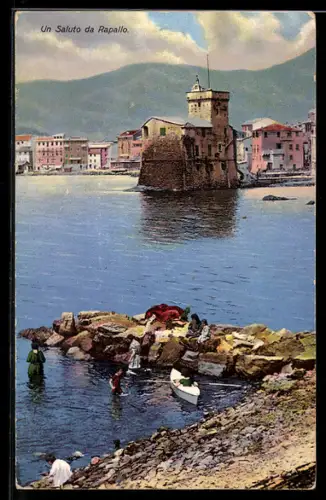 AK Rapallo, Castello sul mare e bagnanti sulla spiaggia