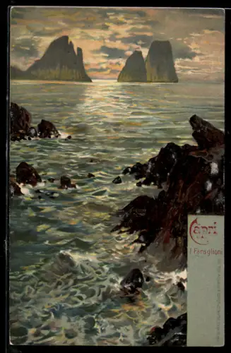 Künstler-AK Capri, I Faraglioni al tramonto sul mare