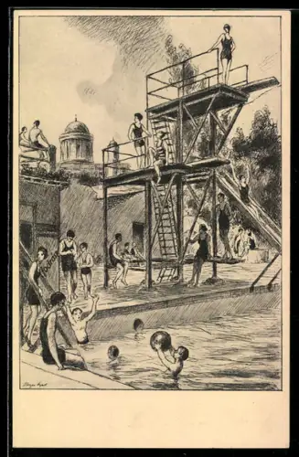 Künstler-AK Esztergom, St. Stefan`s Thermal-Strandbad