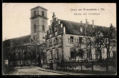 AK Drusenheim i. Els., Kirche mit Schulhaus