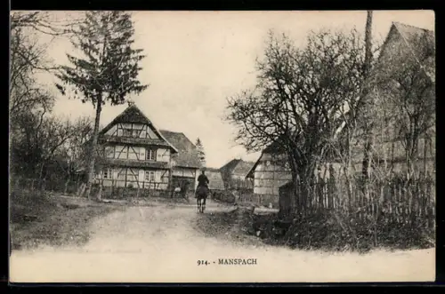 AK Manspach, Strassenpartie mit Reiter und Fachwerkhäusern