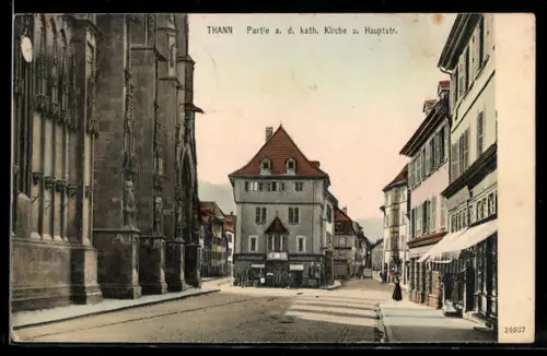 AK Thann, Partie a. d. kath. Kirche u. Hauptstrasse