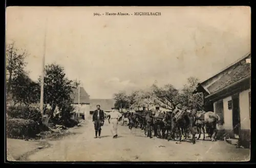 AK Michelbach, Strasse mit Pferdegespann und Fussgängern